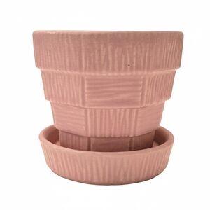 VINTAGE McCoy Pottery Pink Basket Weave Tiered Planter Pot w/ Attached Saucer 4"
